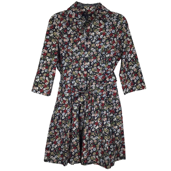 Lands End Shirtwaist Dress Fit & Flare 3/4 Sleeve Collar Floral Pockets 2 Petite - Picture 1 of 10